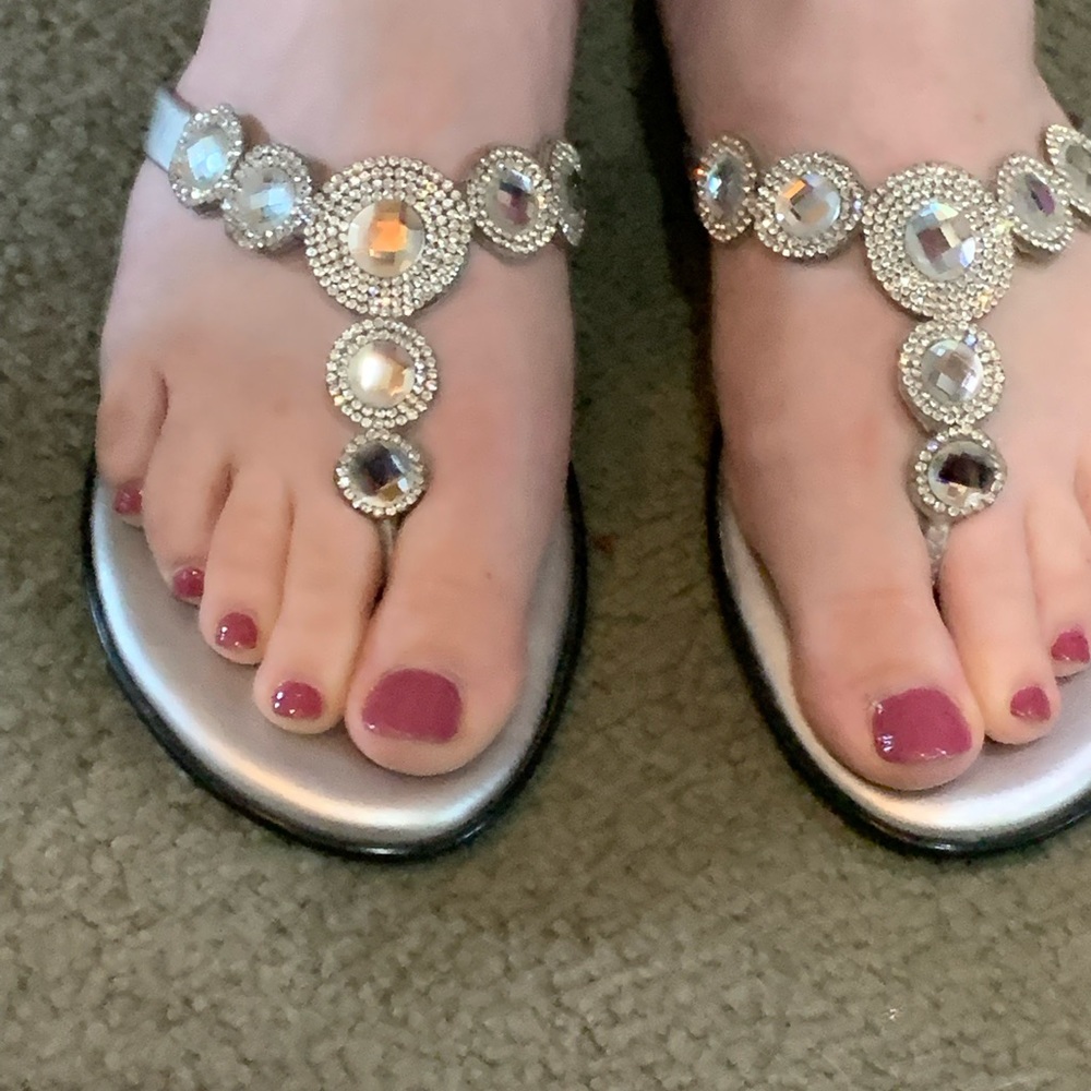 Silver and rhinestone sandals. Flats and comfy for a dance, wedding or night out